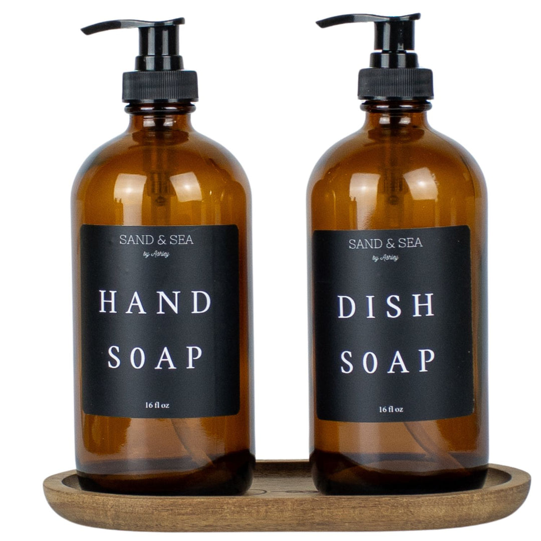 Amber Glass Soap Dispenser for Kitchen with Wooden Tray - Black Waterproof Sticker