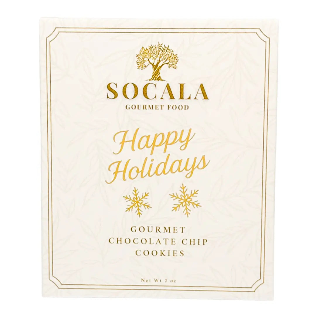 Socala Gourmet Food Happy Holidays gourmet chocolate chip cookies packaging with gold text and snowflake designs on a white background.
