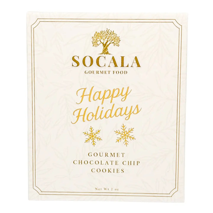 Socala Gourmet Food Happy Holidays gourmet chocolate chip cookies packaging with gold text and snowflake designs on a white background.