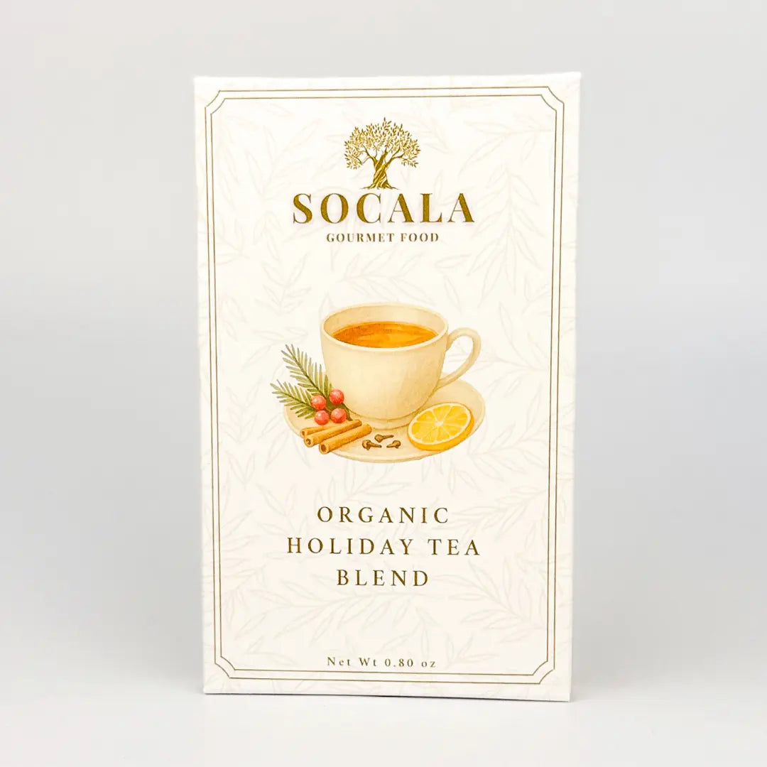 Socala Organic Holiday Tea Blend packaging on a light gray background