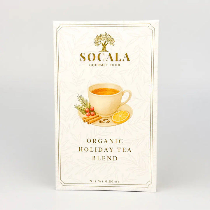 Socala Organic Holiday Tea Blend packaging on a light gray background