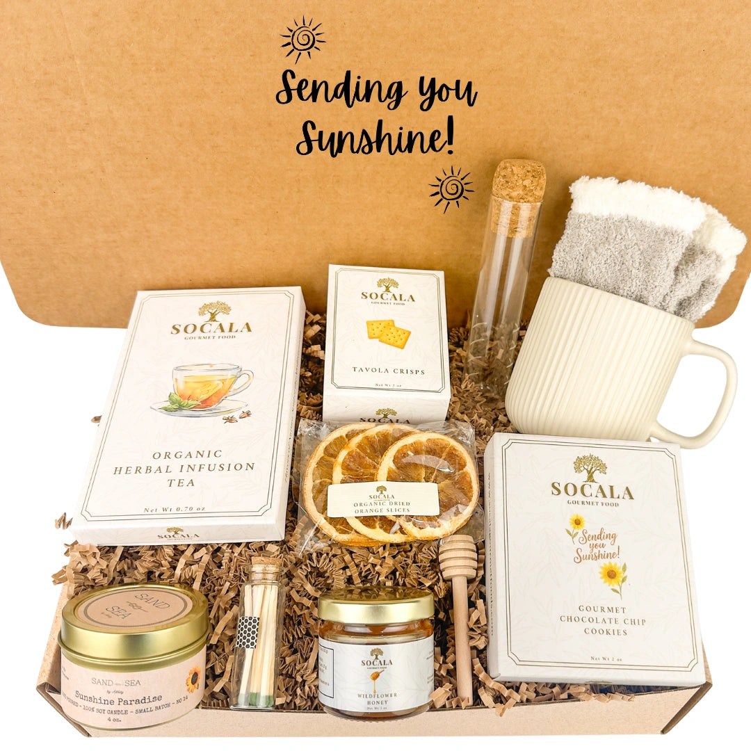 Box of Sunshine Gift with Fuzzy Socks, Organic Tea and Honey