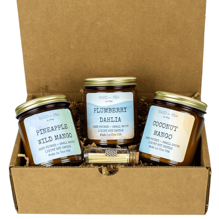 Pineapple Wild Mango - Plumberry Dahlia - Coconut Mango Handmade Scented Soy Candle Gift Set 3 pieces 9 oz Jars - Sand & Sea by Ashley