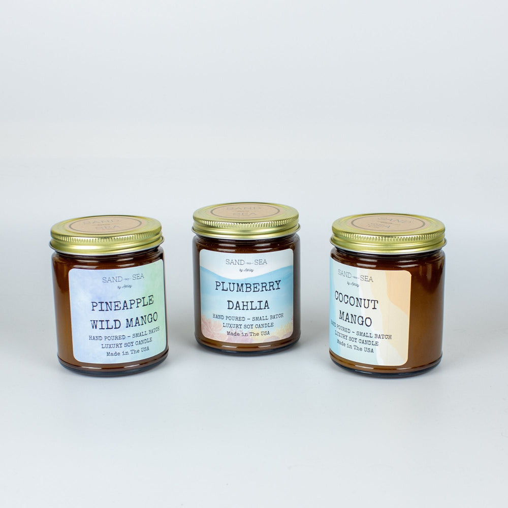 Pineapple Wild Mango - Plumberry Dahlia - Coconut Mango Handmade Scented Soy Candle Gift Set 3 pieces 9 oz Jars - Sand & Sea by Ashley