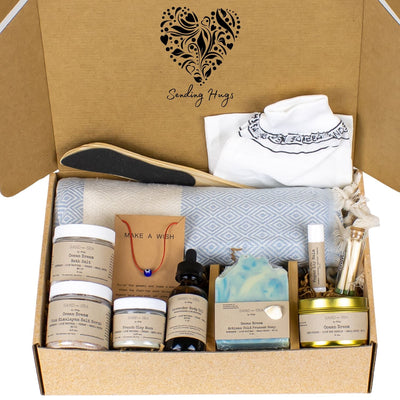 Sending Hugs Gift Baskets for Her- Self Care Gift Box with Turkish Peshtemal 13 pieces - Sand & Sea by Ashley