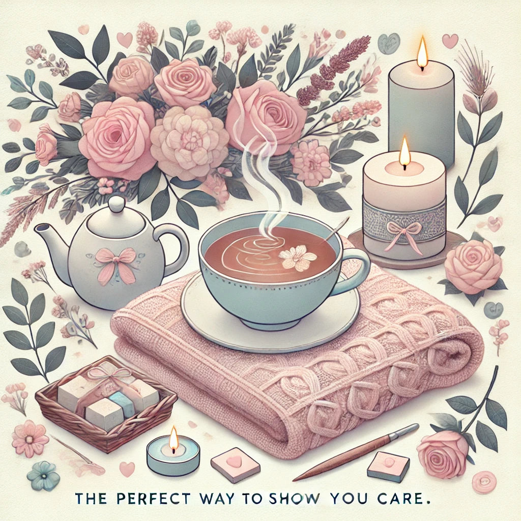 It includes comforting elements like a cozy blanket, tea set, candles, and flowers to evoke a sense of care, wellness, and relaxation, making it ideal for the theme of the post.
