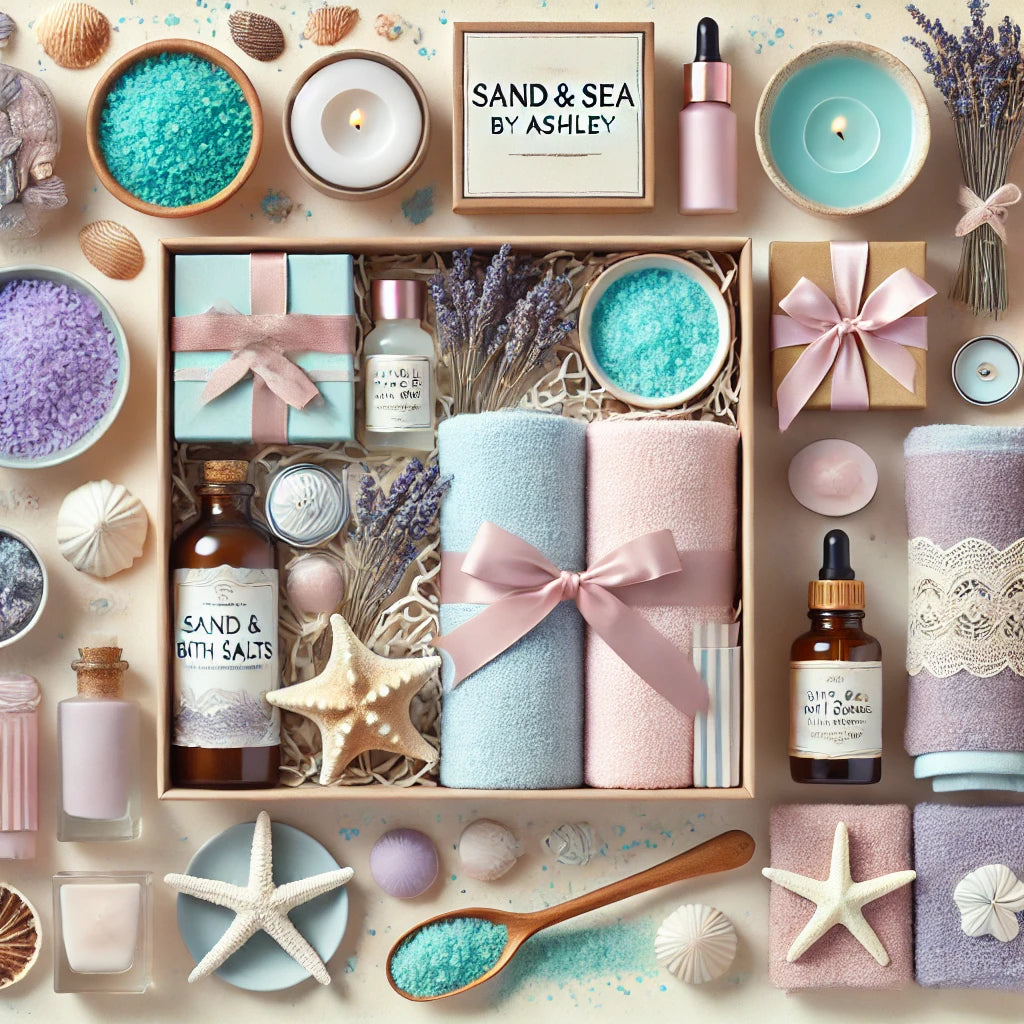 It showcases luxurious spa items such as bath salts, candles, skincare products, and soft towels, with a soft pastel palette evoking relaxation, elegance, and the brand’s eco-friendly approach.