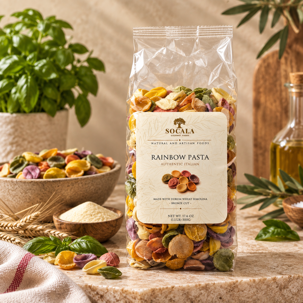A clear stand-up pouch of Socala Rainbow Pasta stands on a stone surface with bowls of mixed pasta, basil, and olive oil in a warm kitchen-style setting. The package label reads Socala Rainbow Pasta Authentic Italian.