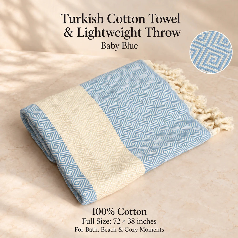 A folded baby blue and cream Turkish cotton towel with a geometric pattern and tasseled edge, displayed on a beige stone surface with text overlays and a circular fabric detail inset.