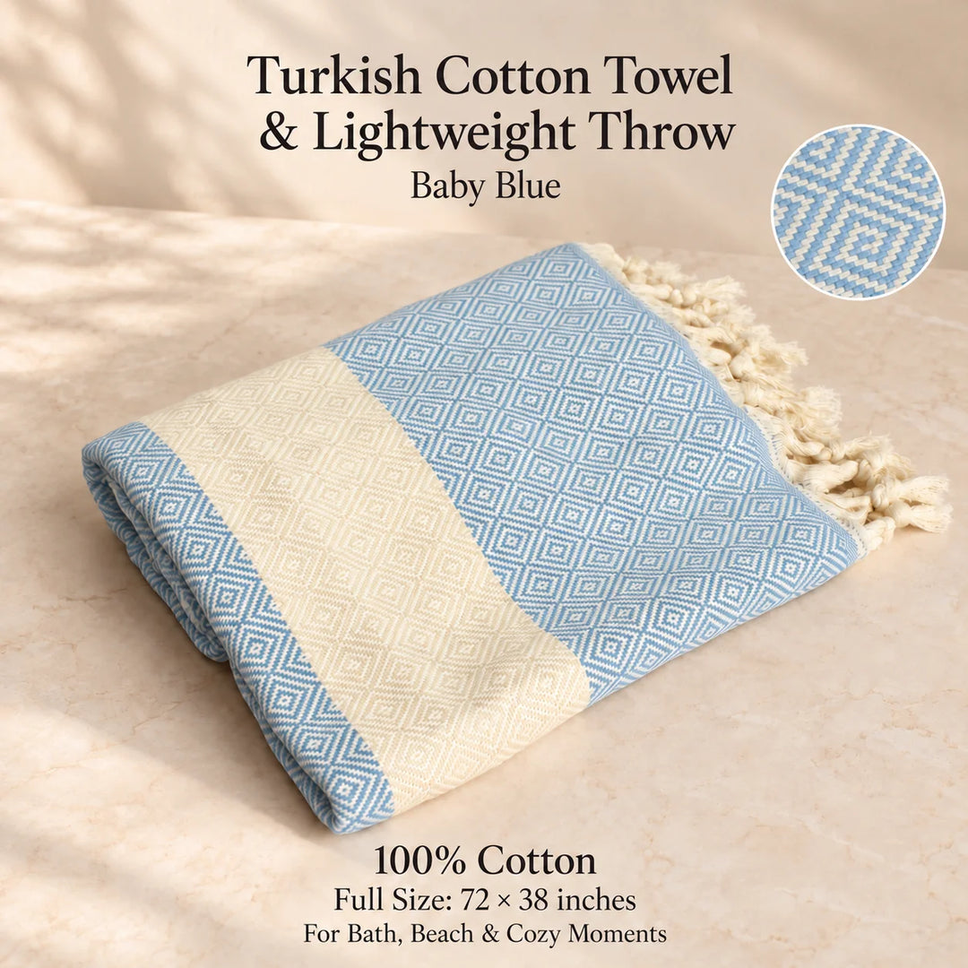 A folded baby blue and cream Turkish cotton towel with a geometric pattern and tasseled edge, displayed on a beige stone surface with text overlays and a circular fabric detail inset.