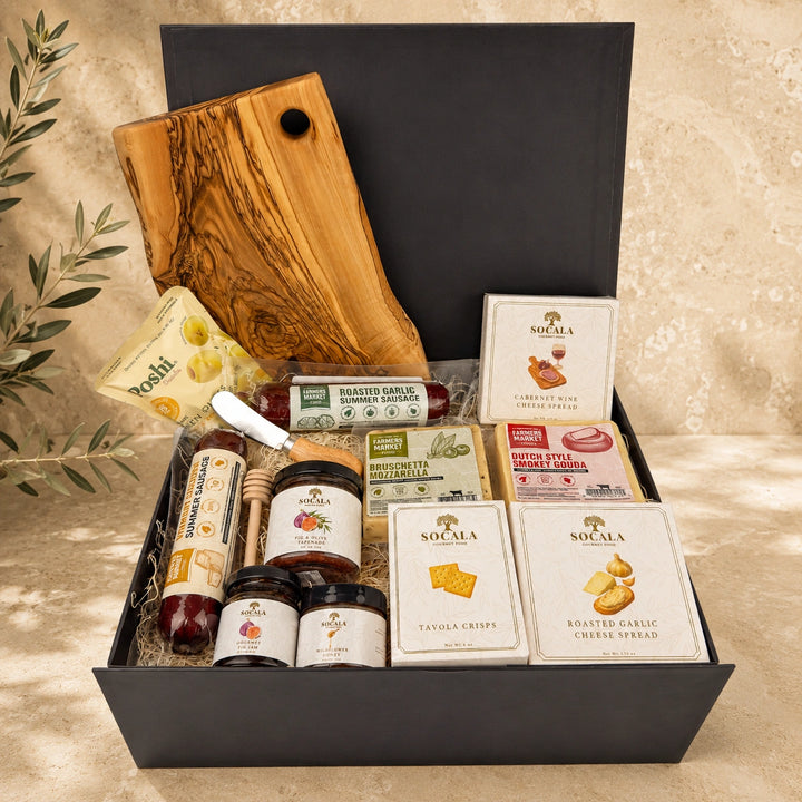 Charcuterie Gift Basket with Cheese, Sausage, Crackers and Gourmet Spreads