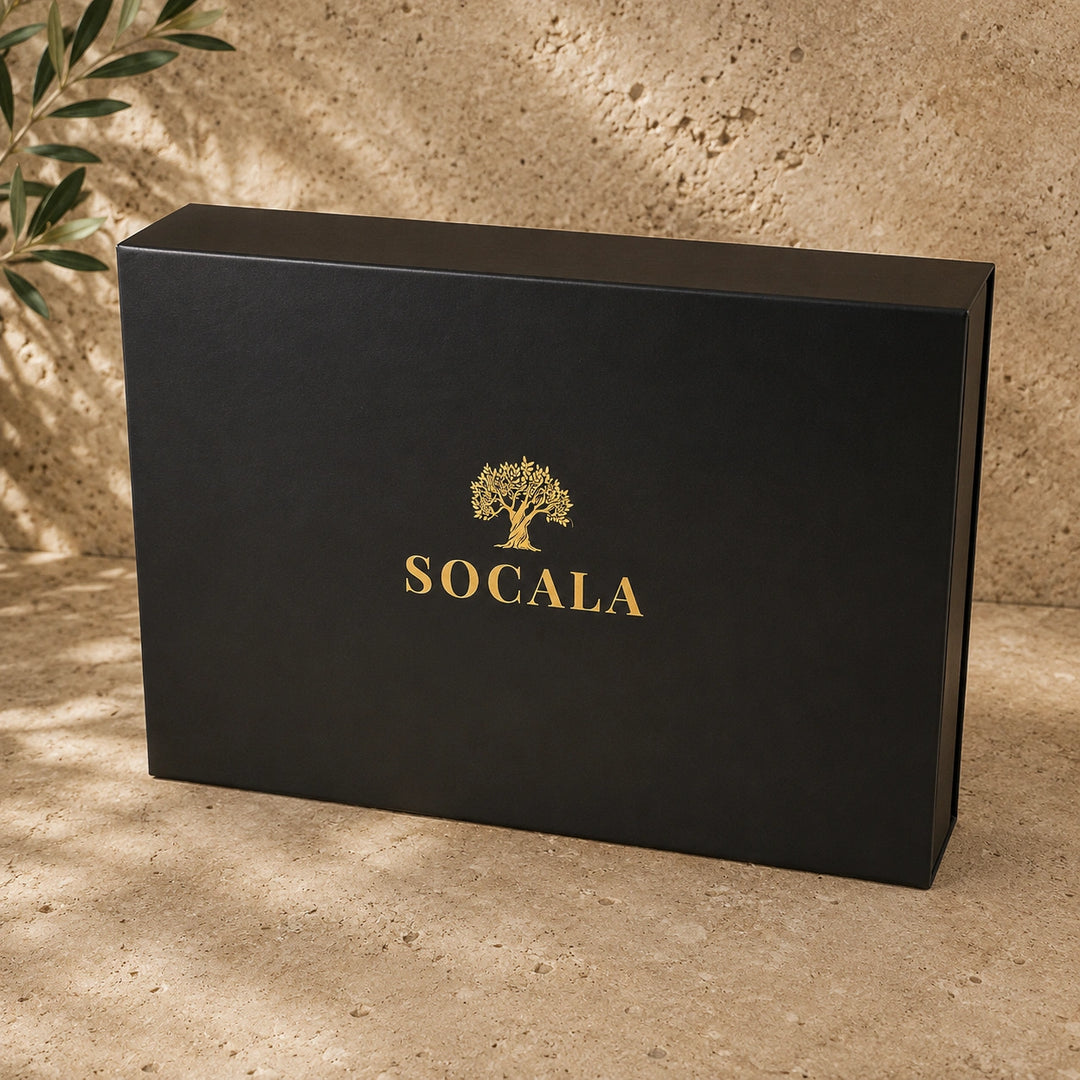 Black box with 'Socala' logo on a textured beige surface