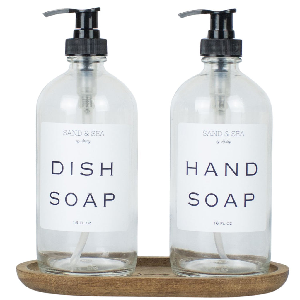 Modern Glass Soap Dispenser Set With Tray – Black & White, 2-Piece For Kitchen Or Bath