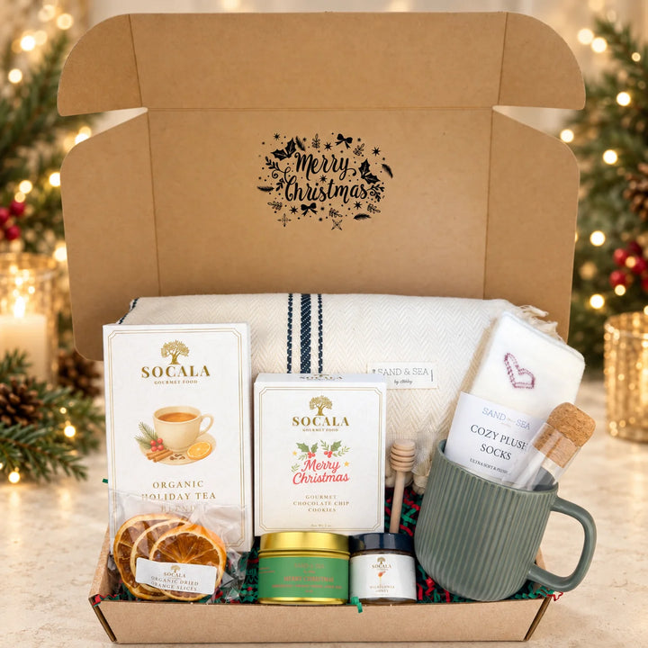 Christmas Gift Set | Luxury Farmhouse Blanket, Holiday Season Tea, Stoneware Mug
