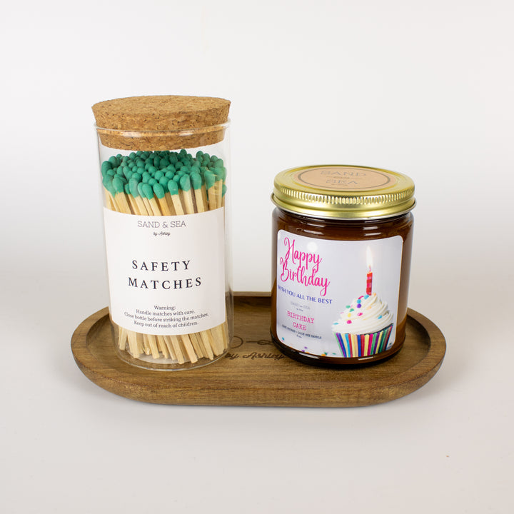 Birthday Candle Gift Sets | Happy Birthday Candle, Safety Matches, and Wooden Tray