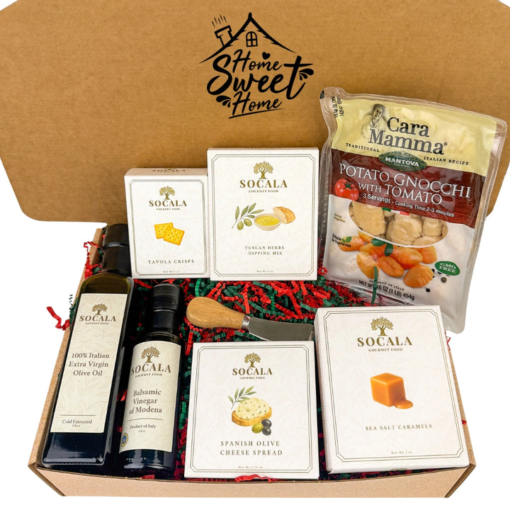 Gourmet food gift set with various items including pasta, olive oil, and cheese in a 'Home Sweet Home' box.