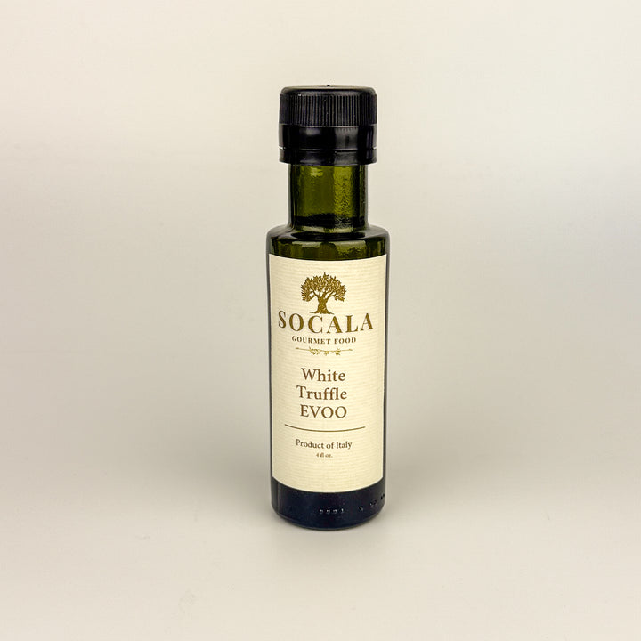 Bottle of Socala White Truffle EVOO on a beige background