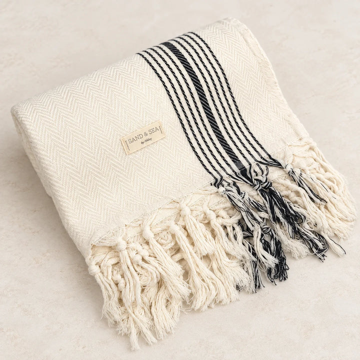 Coastal Haven ivory and charcoal striped throw blanket, 70 x 50 inches