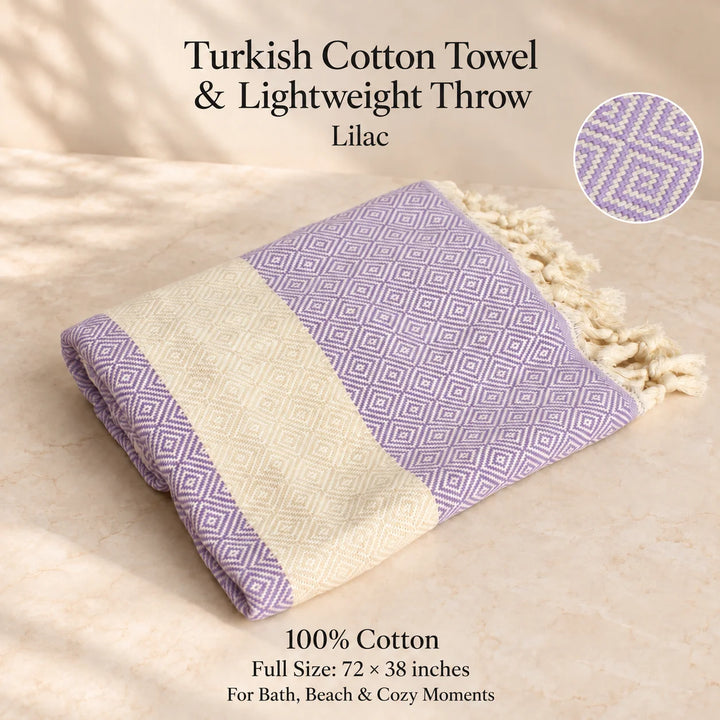 A folded Turkish cotton towel and lightweight throw in lilac and cream with fringe, displayed on a beige textured surface with text overlays and a circular fabric detail inset.