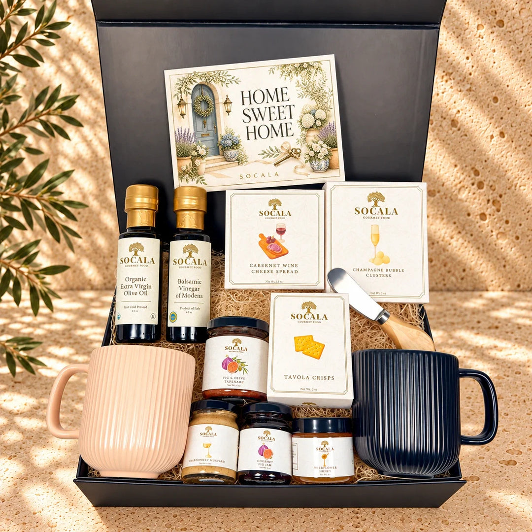 New Home Gifts | Gifts to Give for Housewarming – SOCALA gourmet gift box with Home Sweet Home card, olive oil and Mediterranean treats