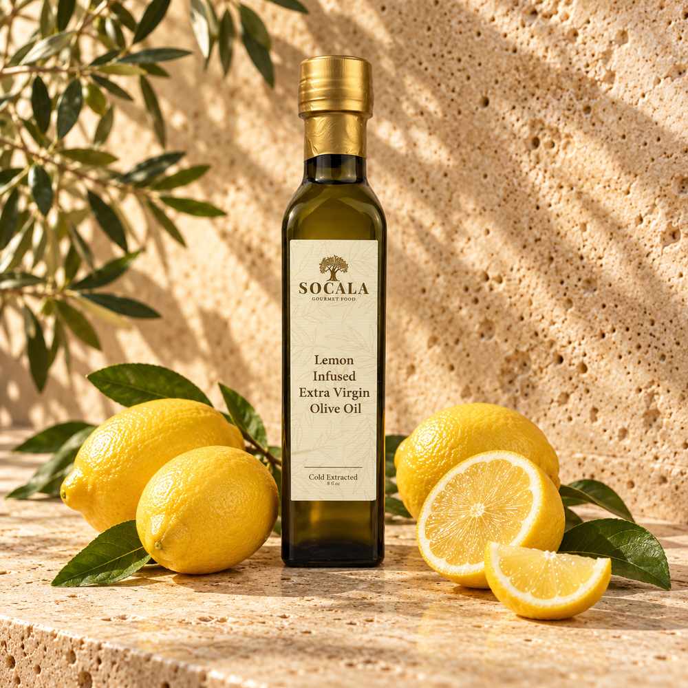 A bottle of Socala Cold Pressed Lemon Infused Extra Virgin Olive Oil stands on a textured stone surface, surrounded by fresh lemons, lemon slices, and olive leaves under warm natural light.