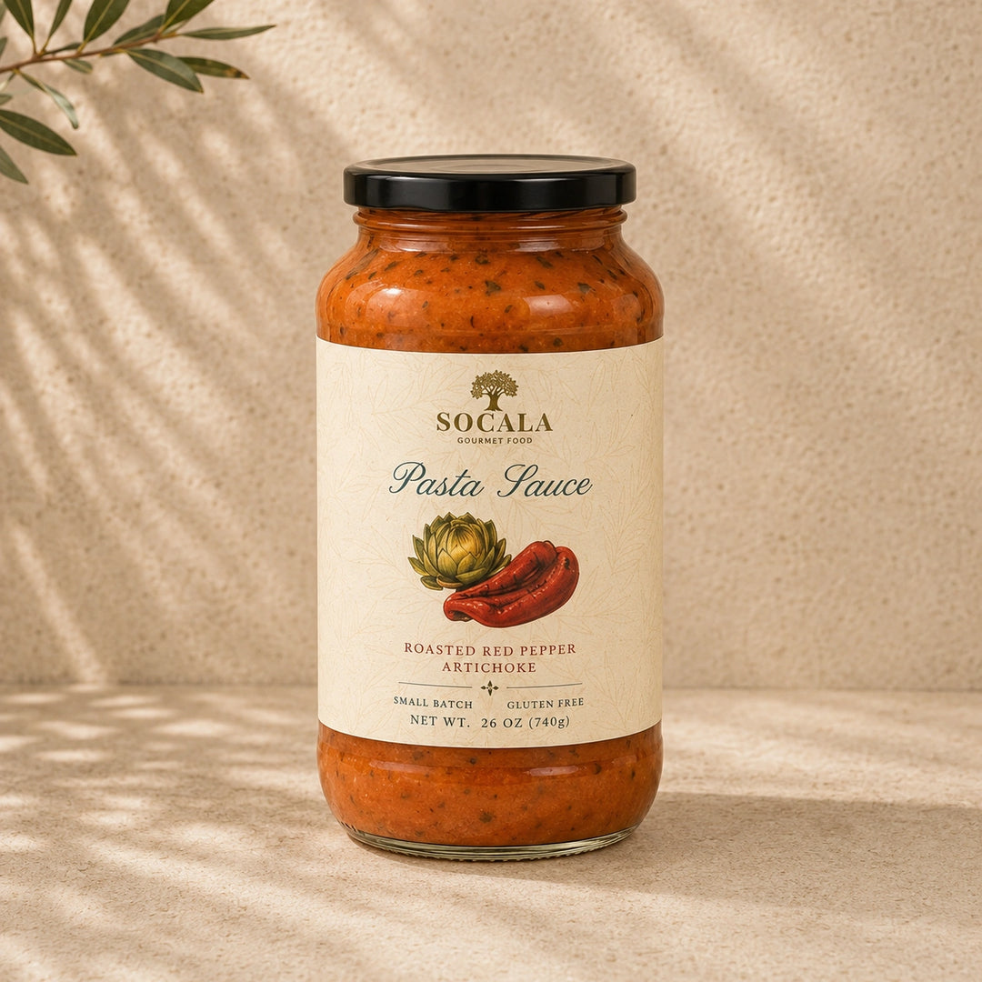 A glass jar of Socala Creamery Pasta Sauce, Roasted Red Pepper Artichoke flavor, with a cream-colored label and black lid, set against a textured beige background with soft leaf shadows.