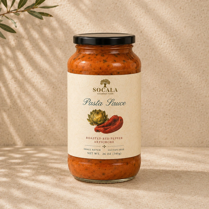 A glass jar of Socala Creamery Pasta Sauce, Roasted Red Pepper Artichoke flavor, with a cream-colored label and black lid, set against a textured beige background with soft leaf shadows.