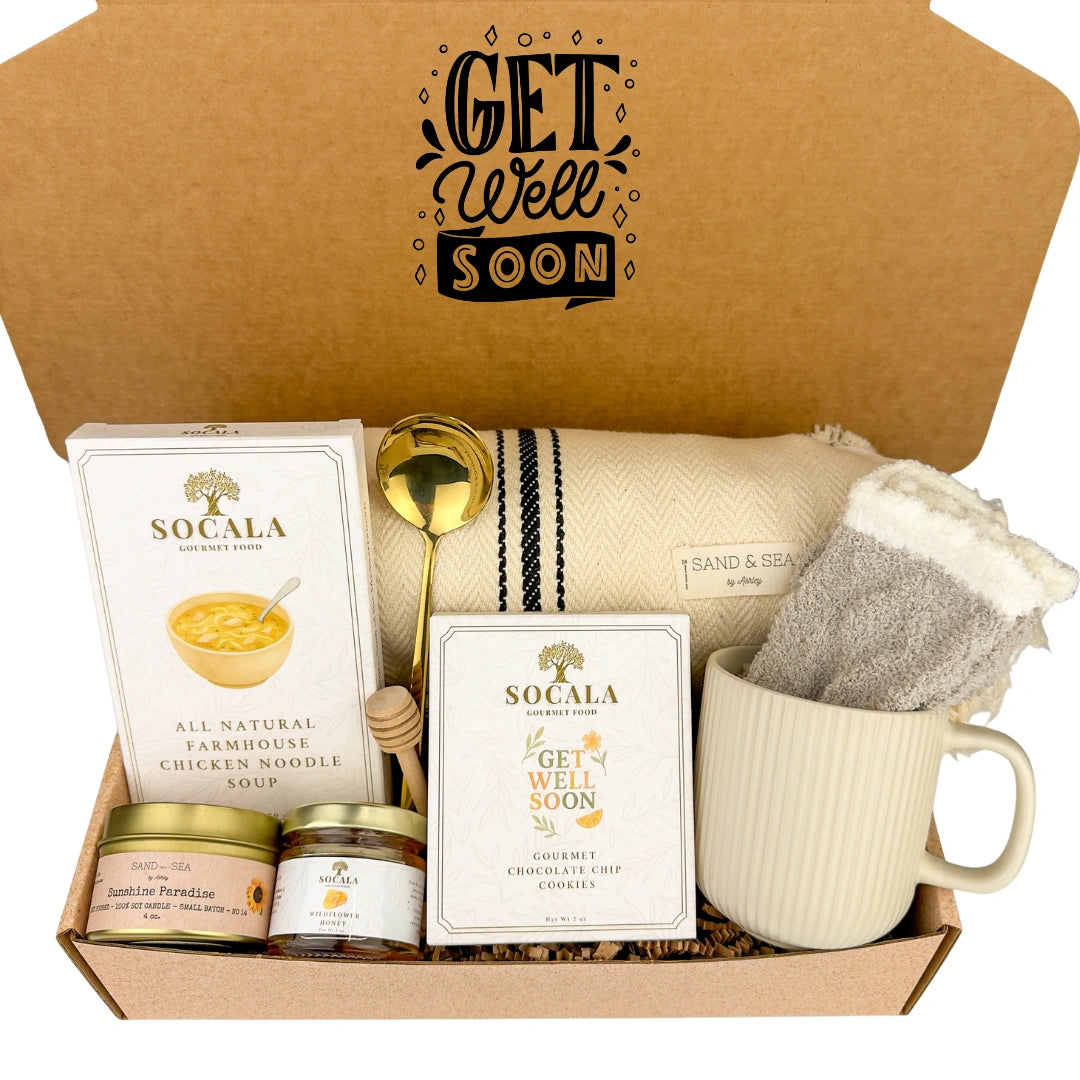 Get well soon care package with Socala soup, mug, and other items in a box.