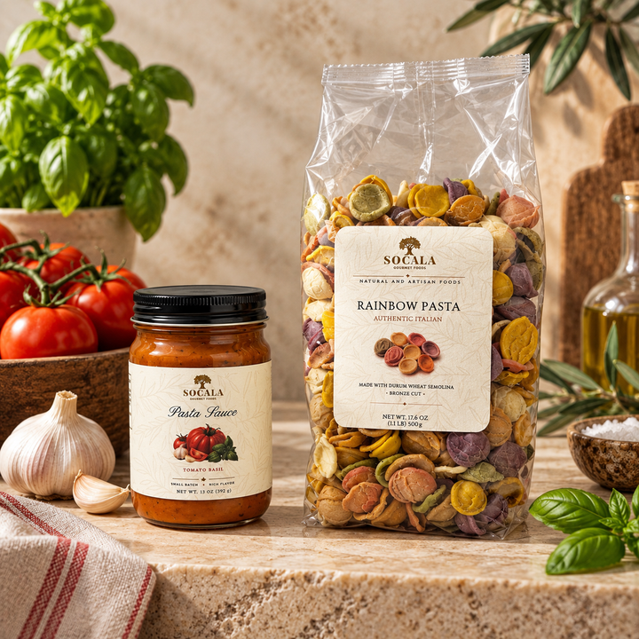 A jar of Socala Pasta Sauce and a large bag of Socala Rainbow Pasta are displayed on a stone countertop with fresh tomatoes, garlic, basil, and olive oil in a warm kitchen setting.