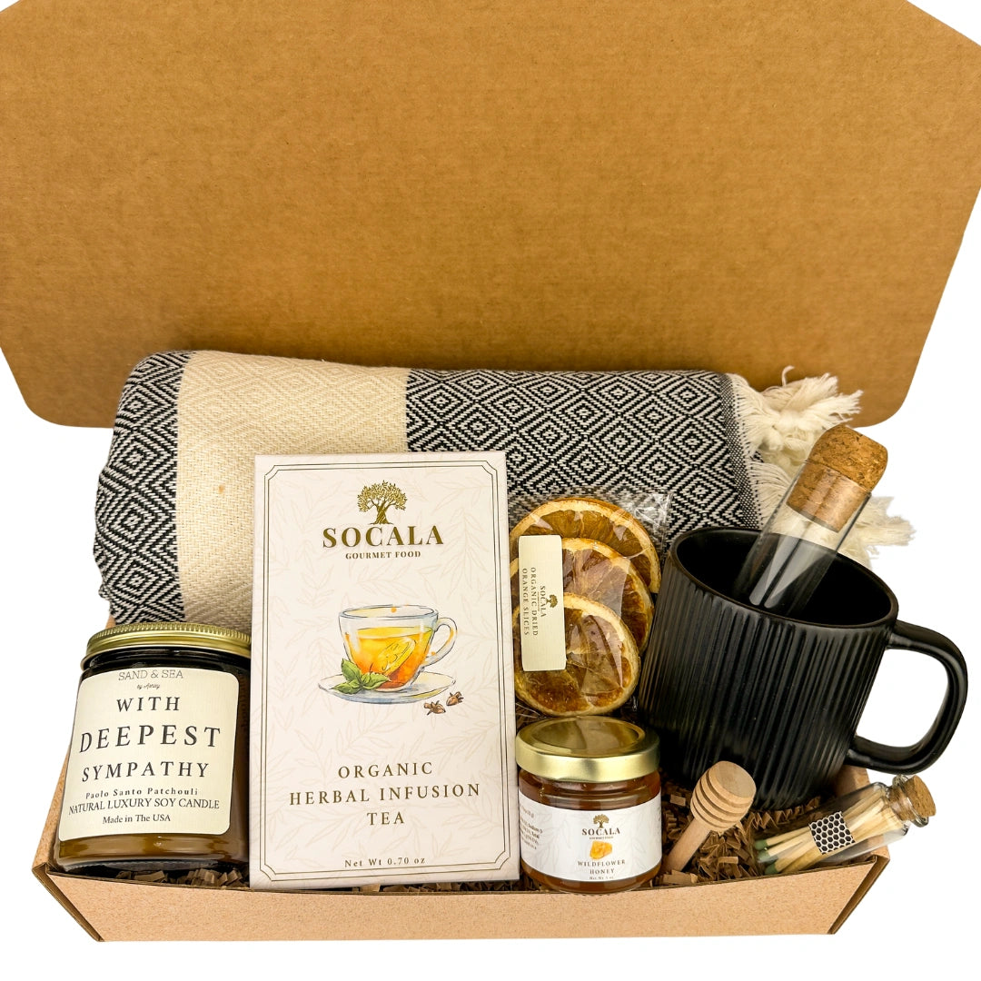 Gift set with tea, honey, and a mug in a box