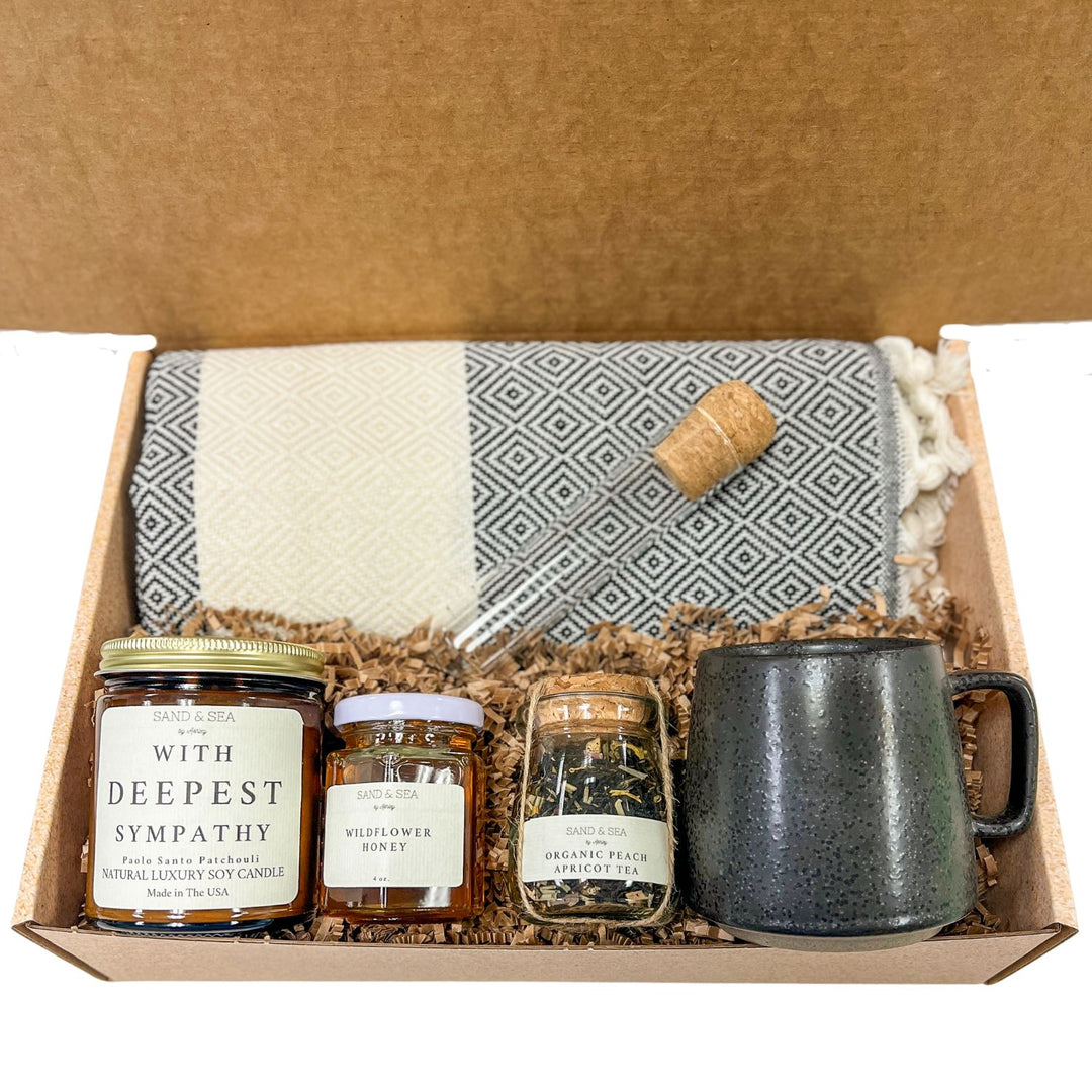 Sympathy Care Package with candle mug tea and honey