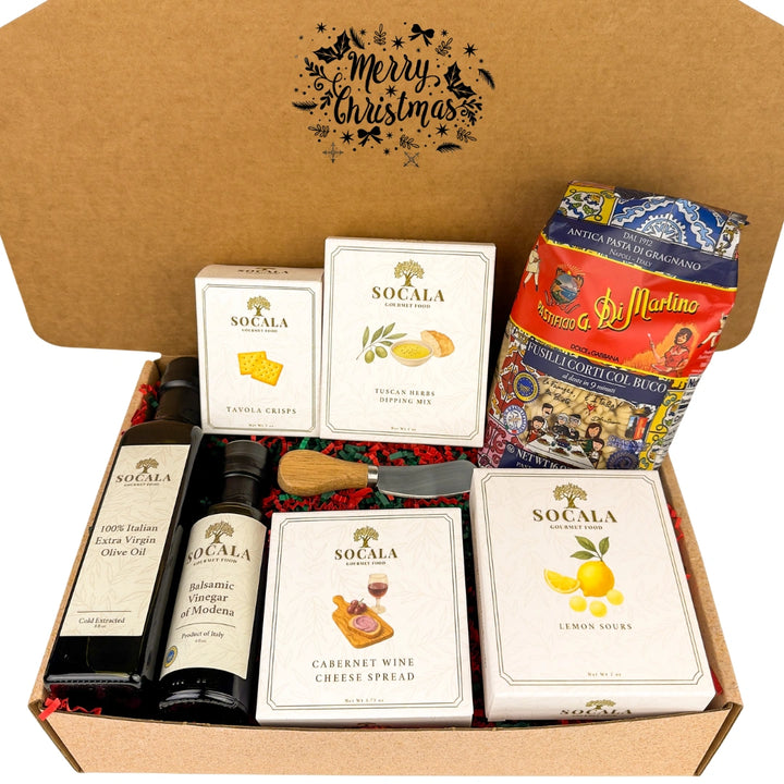 Gourmet gift box with Socala products and Di Martino pasta, featuring a 'Merry Christmas' message.