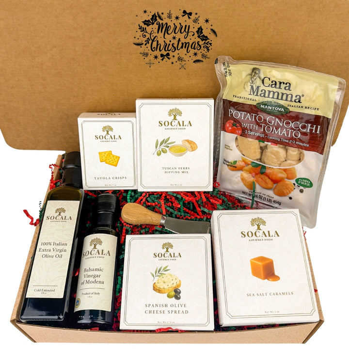Gourmet food gift set with olive oil, cheese, and gnocchi in a box.