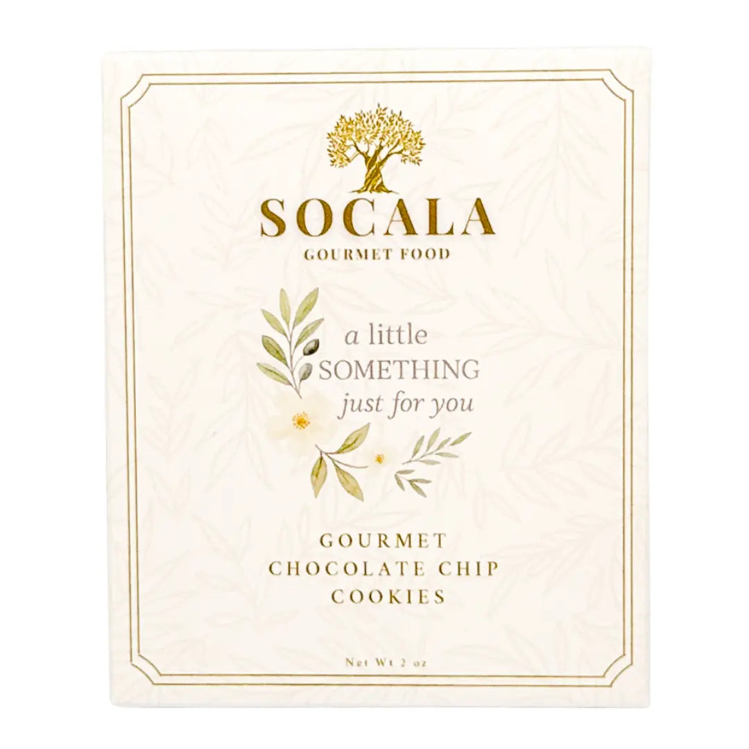 Socala Gourmet Food packaging for gourmet chocolate chip cookies on a white background