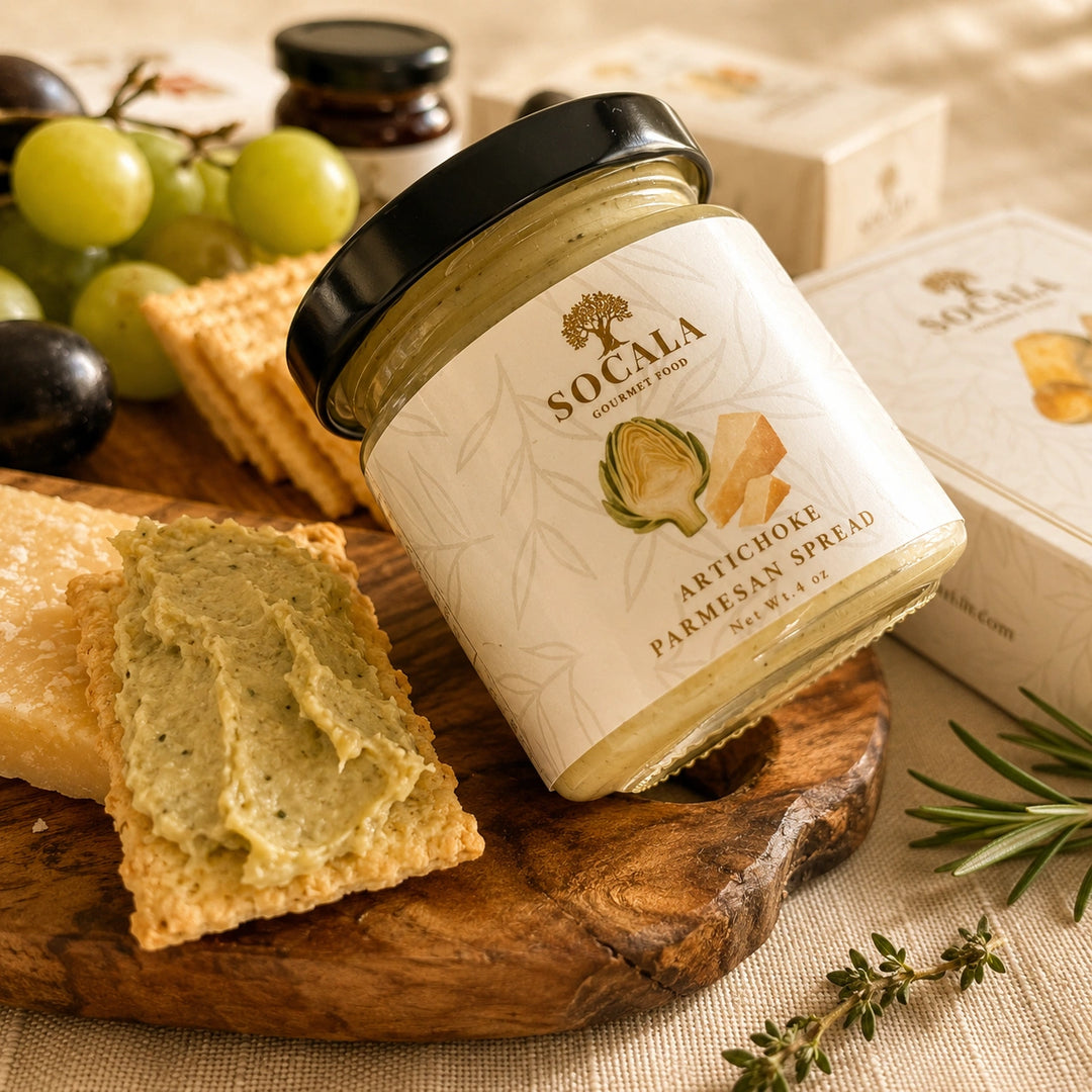 A jar of Socala Gourmet Foods Artichoke Parmesan Spread is displayed on a rustic wooden board with crackers, grapes, and herbs, alongside its packaging box.