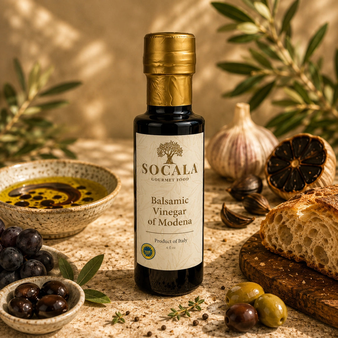 A bottle of Socala Gourmet Food Balsamic Vinegar of Modena stands on a stone surface surrounded by olive-themed props including olives, garlic, bread, herbs, and a bowl of oil.