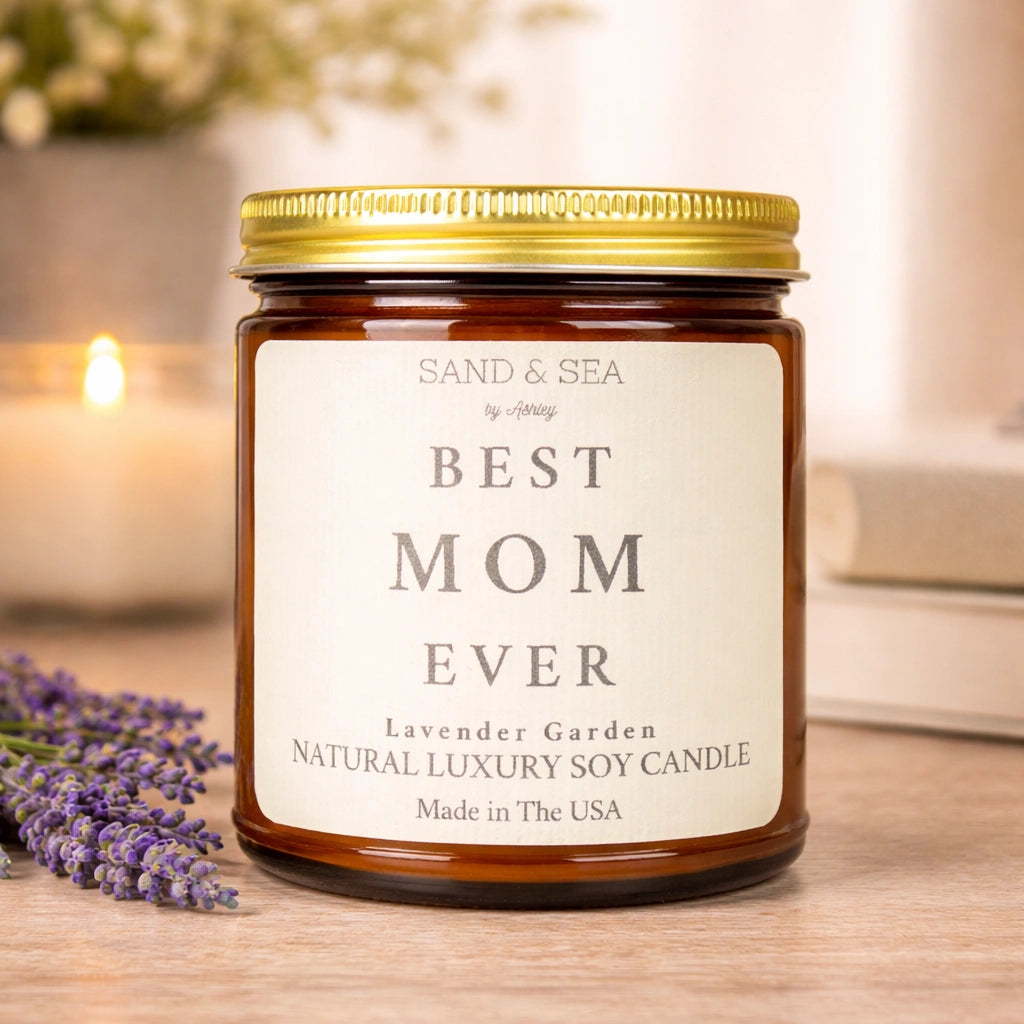 Candle jar labeled 'Best Mom Ever' with lavender on a wooden surface