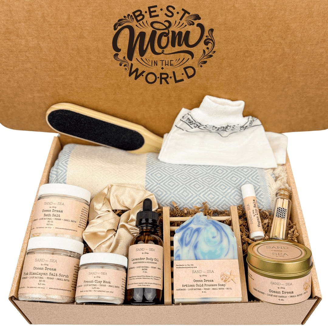 Best Mom Ever Mother's Day Spa Gift Set with Turkish Beach Towel - Relaxing, Destress, Ocean Dream Skin Care Package for Mom 13 pcs - Sand & Sea by Ashley