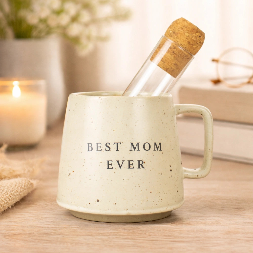 White mug with 'BEST MOM EVER' text, glass bottle with cork, and candle on a wooden surface.