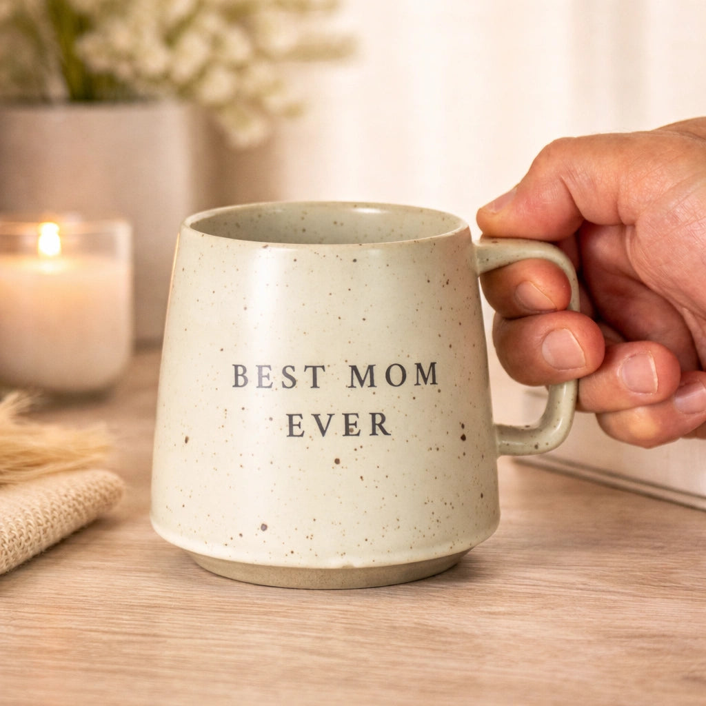 Hand holding a speckled mug with 'BEST MOM EVER' text on a wooden surface.