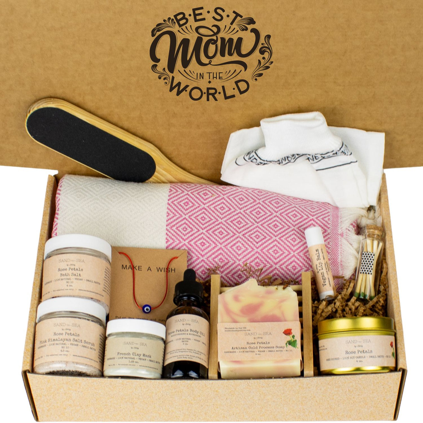 Best Mom in The World Spa Gift Basket for Her - Handmade Rose Petals Spa Gift Set with Turkish Towel 13 pieces