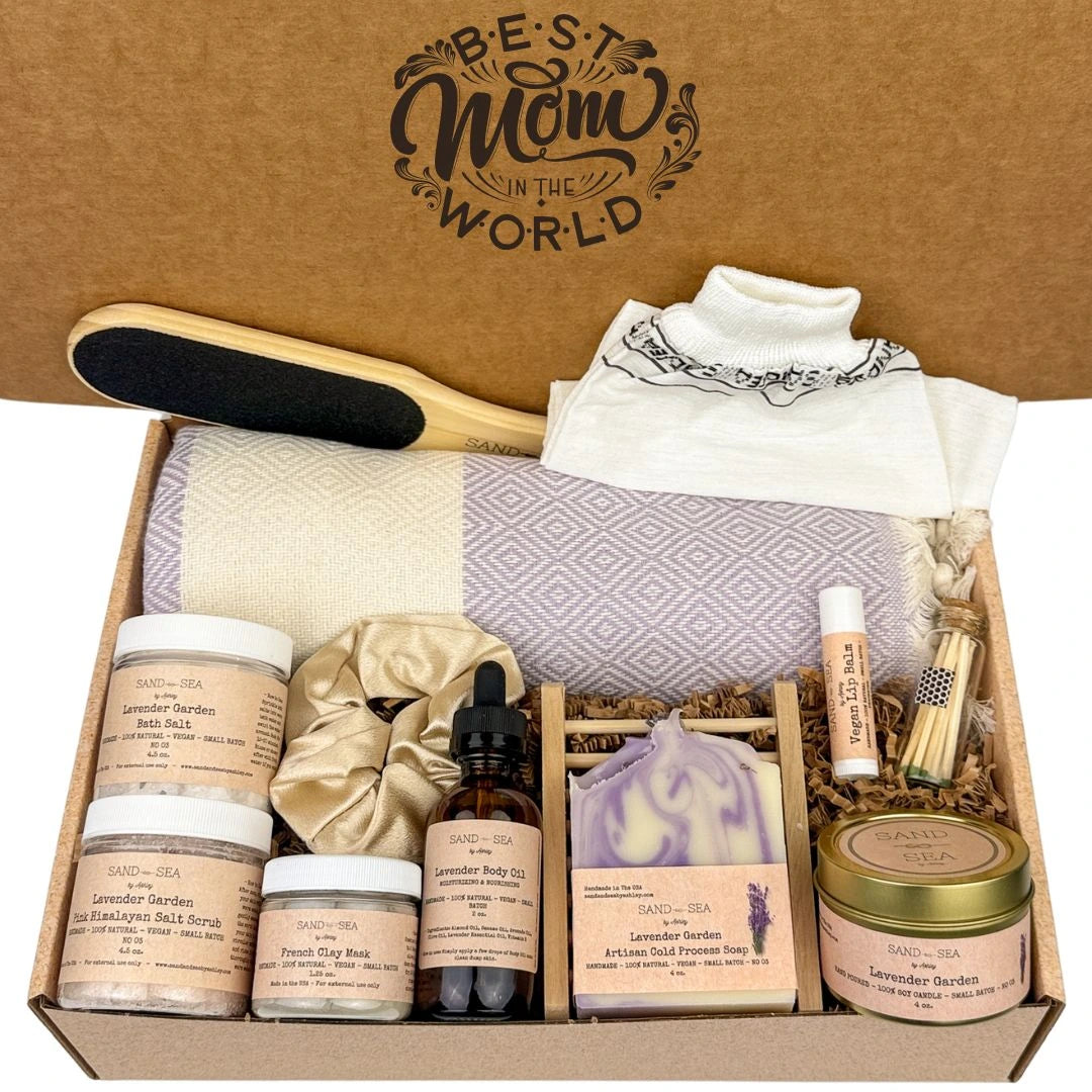 Best Mom in The World Spa Gift Set with Turkish Beach Towel - Relaxing, Destress, Lavender Skin Care Package for Mom - Sand & Sea by Ashley