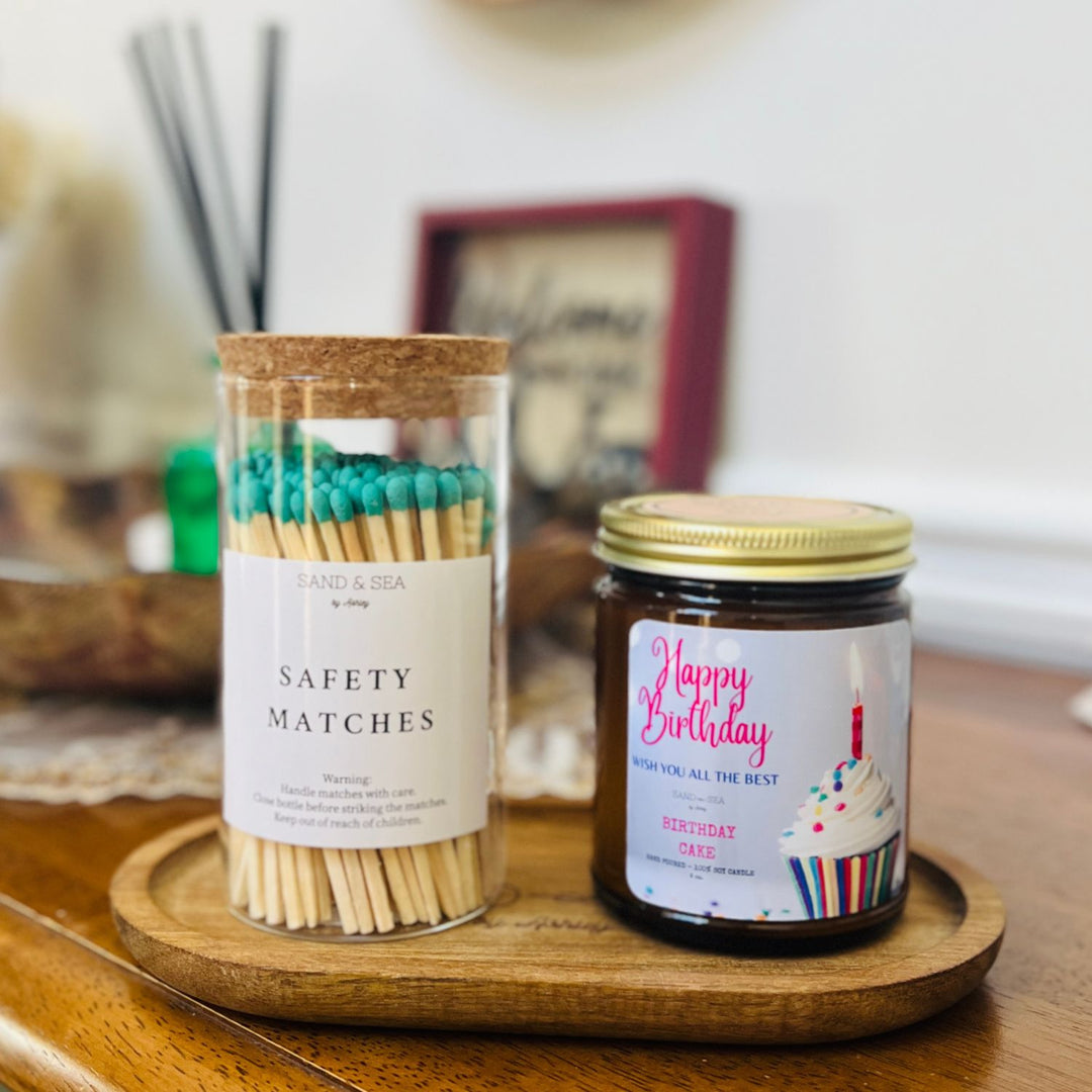 Birthday Candle Gift Sets | Happy Birthday Candle, Safety Matches, and Wooden Tray