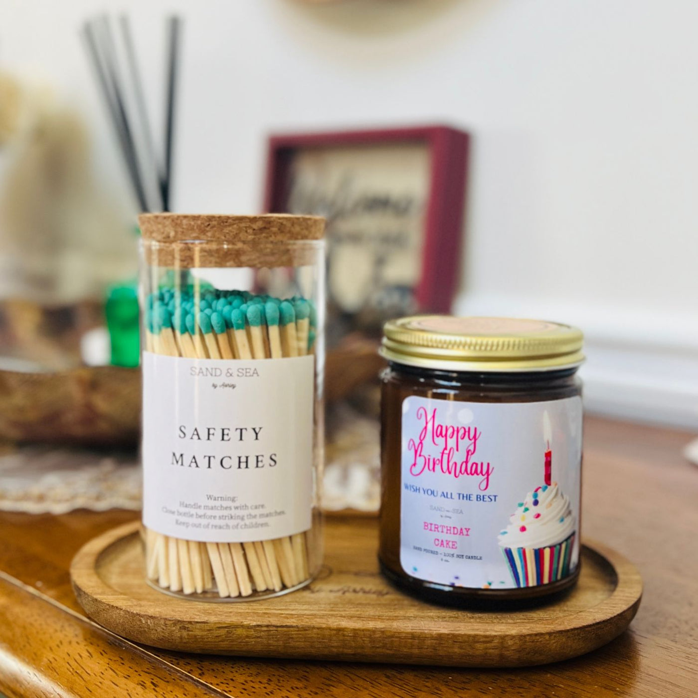 Birthday Candle Gift Sets - Happy Birthday Candle, Safety Matches, and Wooden Tray