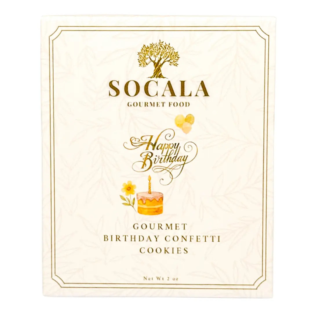 Socala Gourmet Food birthday confetti cookies packaging on a white background