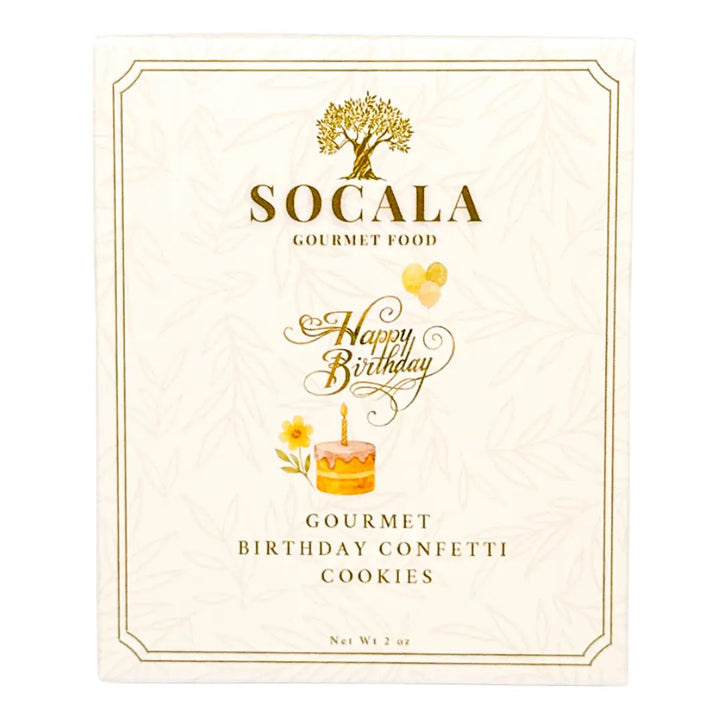 Socala Gourmet Food birthday confetti cookies packaging on a white background