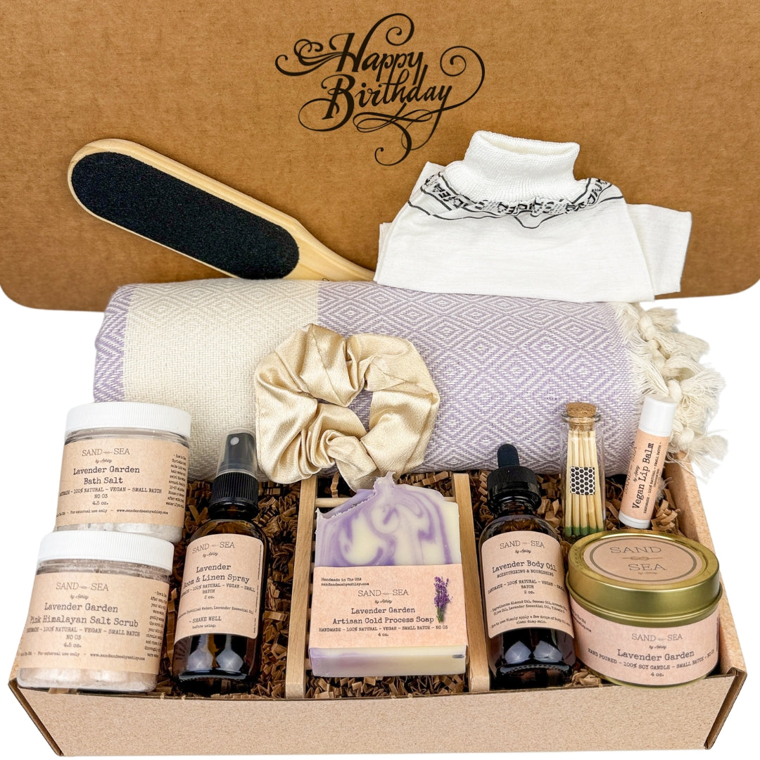 Gift box with self-care products and a 'Happy Birthday' card on a brown background