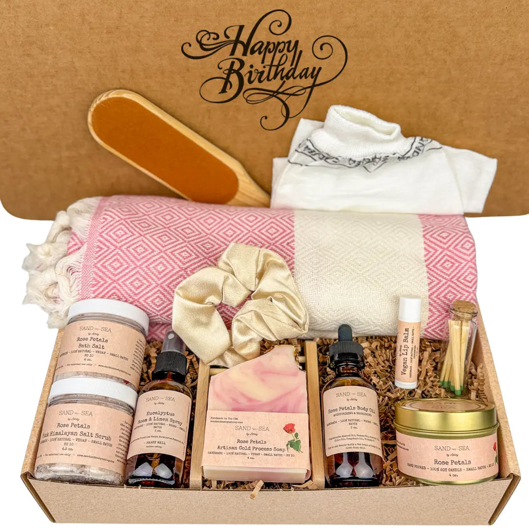 Birthday Gift Box for Her - Handmade Rose Petals Spa Gift Set with Turkish Towel 13 pieces - Sand & Sea by Ashley