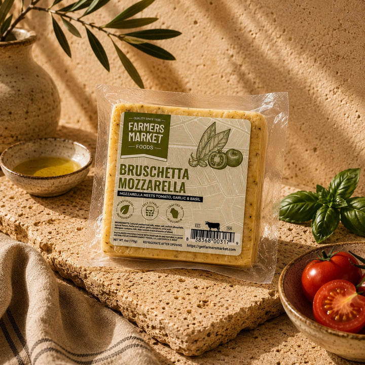 A package of Farmers Market Foods Bruschetta Mozzarella cheese slices, styled on a textured stone surface with olive oil, basil, and tomatoes.