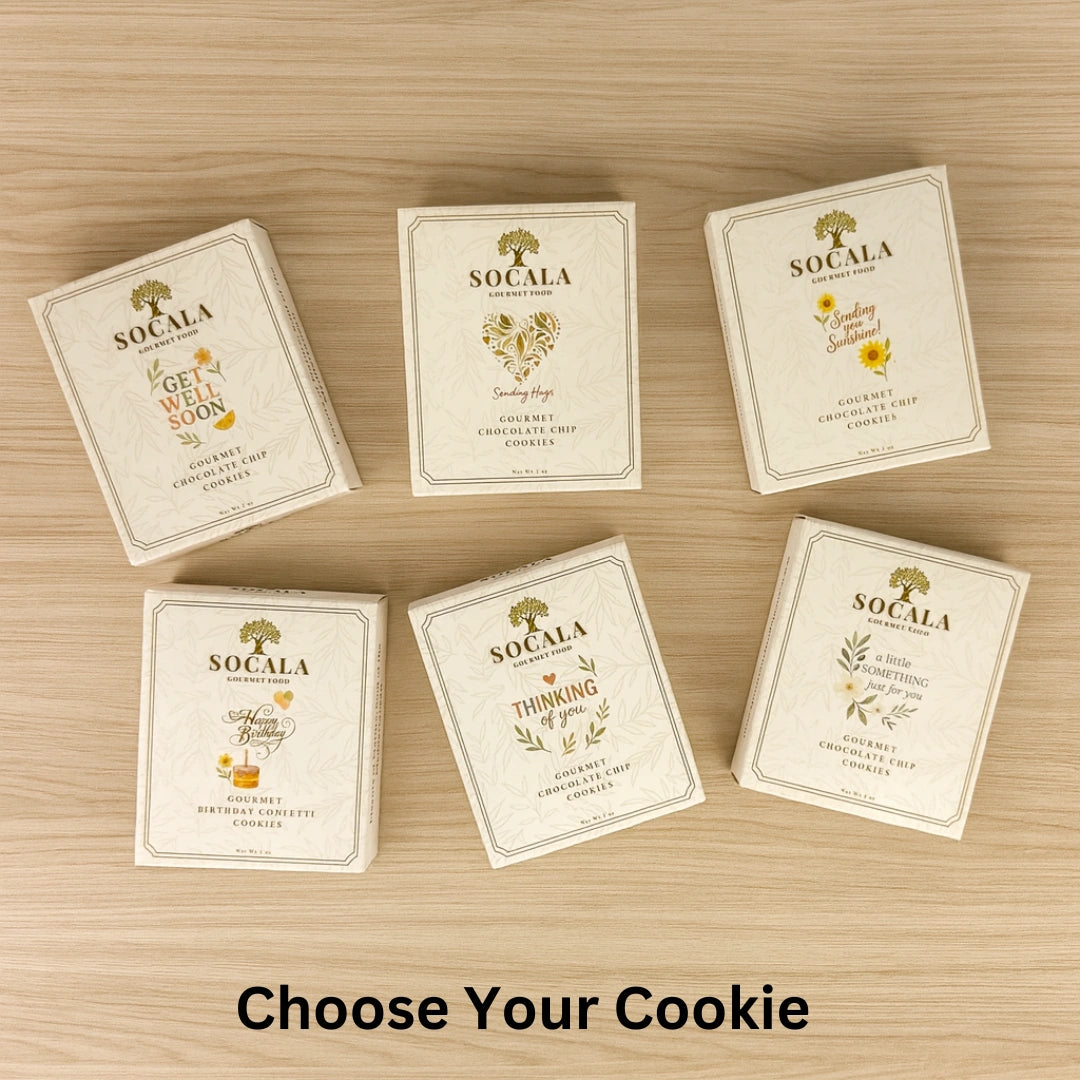 Six SOCALA cookie boxes on a wooden surface with 'Choose Your Cookie' text.
